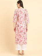 Varanga Women'S Pink Floral Printed V-Neck 3/4 Sleeve Straight Kurta - Elegant & Comfortable (Double Extra Large)