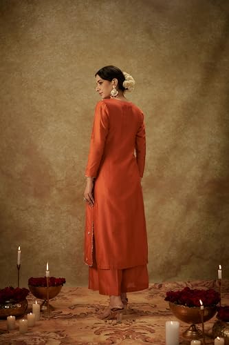 ANNI DESIGNER Womens Rayon Viscose Straight Embroidered Kurta with Pant & Dupatta (CHAHAT Orange_S_Orange_Small)