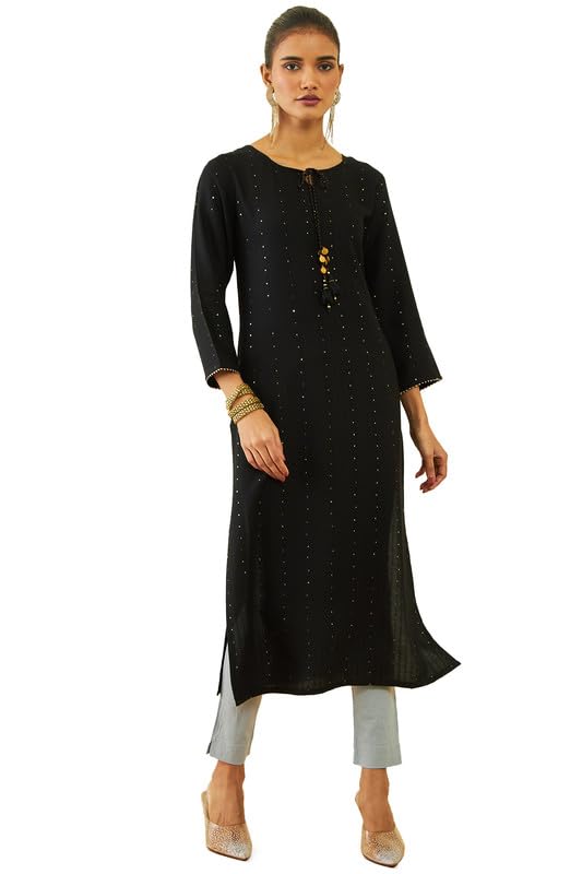 Soch Women Rayon Sequin Embellished Round-Neck Straight Kurta
