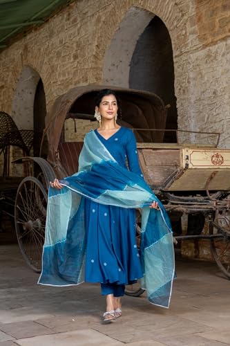 ANNI DESIGNER Womens Cotton Blend Anarkali Embroidered Kurta with Pant & Dupatta (GSK-Cerosin_XXL_Blue_XX-Large)