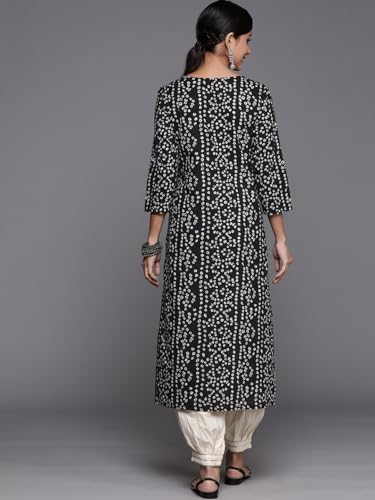 Black Printed Cotton Kurta Has A Gota Patti Work On Placket, Kurta Has Round Neck And Three Quarter Sleeves
