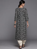Black Printed Cotton Kurta Has A Gota Patti Work On Placket, Kurta Has Round Neck And Three Quarter Sleeves