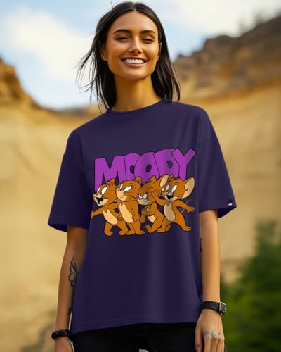 Bewakoof X Official Tom & Jerry Merchandise Womens Moody Jerry Graphic Printed 100% Cotton T-Shirt - Oversized Fit, Round Neck,
