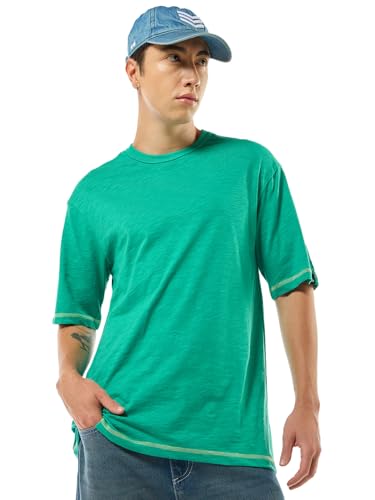 Bewakoof Air 1.0 Mens Solid Oversized Fit Half Sleeve Round Neck Cotton Slub T-Shirt_634346_Green_S