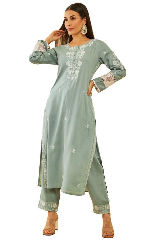 Soch Women Rayon Slub Embroidered Kurta Set with Faux Mirror Work