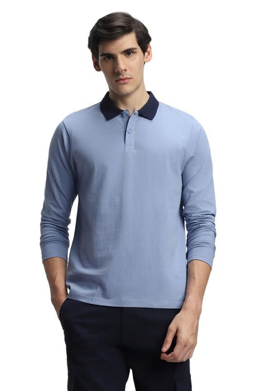 Dennis Lingo MenS Light Blue Cotton Polo Neck Tshirt, Regular Fit Long Sleeve (L)