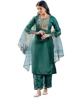 Sanisa Women'S Silk Blend Embroidery And Sequins Work Straight Kurta With Pant And Dupatta Set (245Kbd2584N-Xxl_Dark Green)