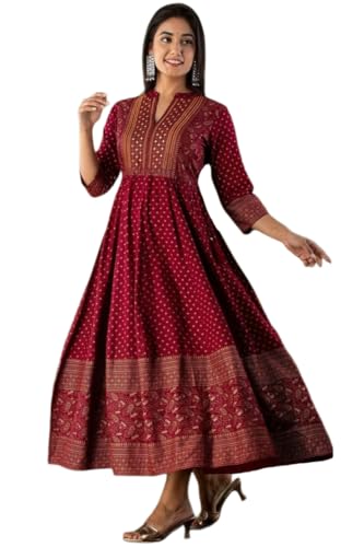 Anni Designer WomenS Rayon Mandarin Collar Printed Long Maxi Dress (Bavitha Red-Vks01_Xxl_Red_Xx-Large)