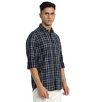 Turtle Men Cord Dark Blue Checkered Slim Fit Full Sleeve Casual Shirt
