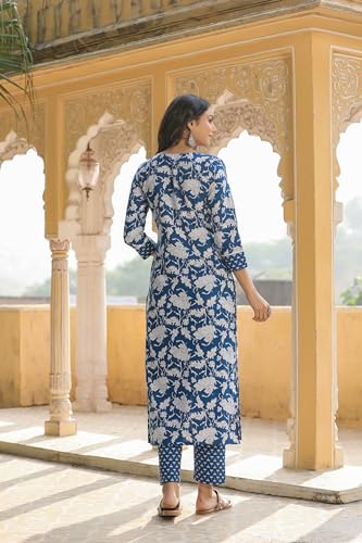 ANNI DESIGNER Womens Cotton Blend Straight Printed Kurta with Pant (Pustak Blue-BFV_3XL_Blue_XXX-Large)
