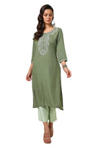 Soch Womens Olive Rayon Embroidered Kurta