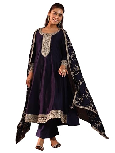 Libas Purple Embroidered Silk Blend Anarkali Kurta With Trousers & Dupatta