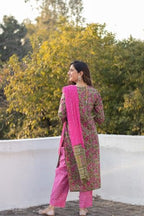 ANNI DESIGNER Womens Cotton Blend Straight Printed Kurta with Pant & Dupatta (DEEPAL Pink_M_Pink_Medium)