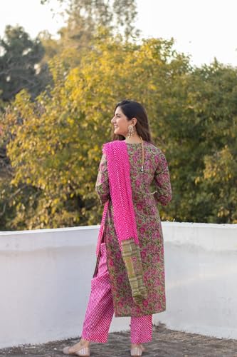 ANNI DESIGNER Womens Cotton Blend Straight Printed Kurta with Pant & Dupatta (DEEPAL Pink_M_Pink_Medium)