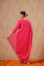 Ishin Women'S Poly Silk Self Design Fuchsia Straight Kurta Suit Set With Trousers And Dupatta