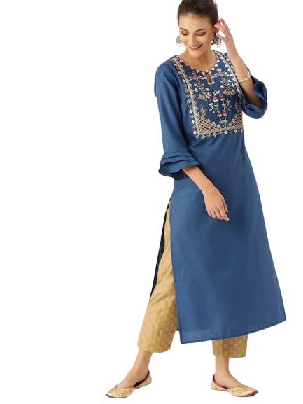 Varanga Women Blue & Multi Embroidered Straight Kurta