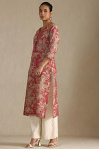 Soch Womens Pink Linen Botanical Print Kurta With Tassels