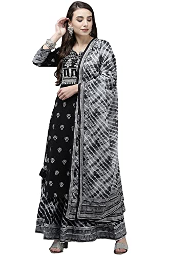 Ishin Womens Black Embroidered A-Line Kurta Set With Sharara And Dupatta