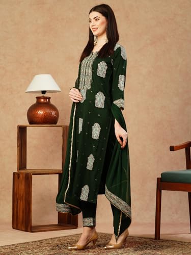 ANNI DESIGNER Womens Cotton Blend Straight Printed Kurta with Pant & Dupatta (Carla Green_L_Green_Large)