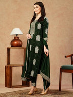 ANNI DESIGNER Womens Cotton Blend Straight Printed Kurta with Pant & Dupatta (Carla Green_S_Green_Small)
