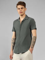 Dennis Lingo MenS| Dark Grey| Half Sleeve| Cuban Collar| Striped| Relaxed Fit| Casual Shirt