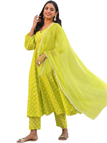 Pinkmint Straight Cut Muslin Kurta & Pant with Dupatta for Women l Ethnic Suit with Long Puff Sleeve Kurta Sets Light Green