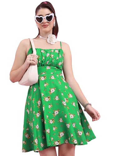Ketch WomenS Polyester Fit And Flare Mini Dress (Khj6000483_Green/White/Multi