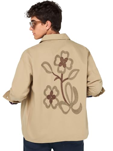 Bewakoof MenS Embroidered Oversized Fit Full Sleeve Collar Cotton Jacket_684830_Beige_M