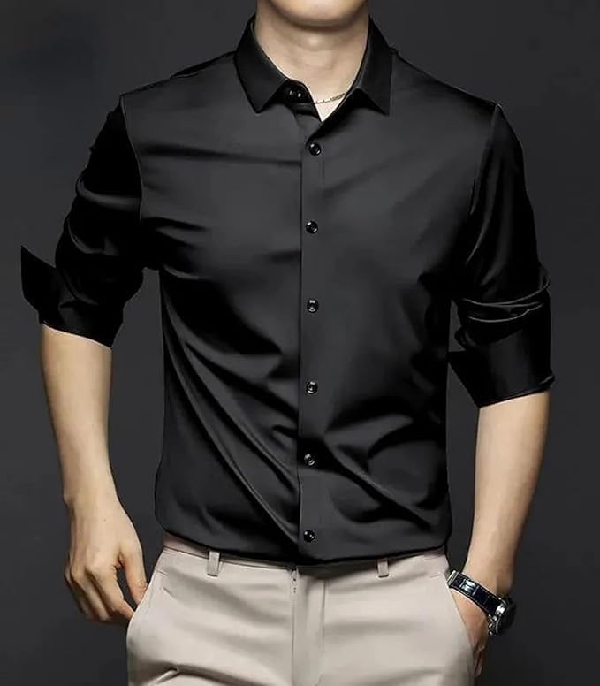 Deelmo Combo Of MenS Stylish Solid Satin Casual Shirt For Men Full Sleeves| Poly Satin Silk Shirt Pack Of 2 Black-White