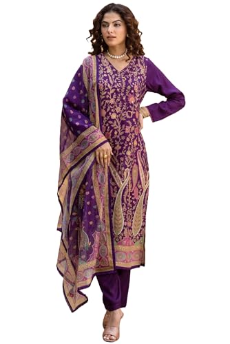 Anni Designer Women Rayon Viscose Straight Fit Printed Kurta With Pant & Dupatta (Setul Begani_S_Begani_Small), Purple
