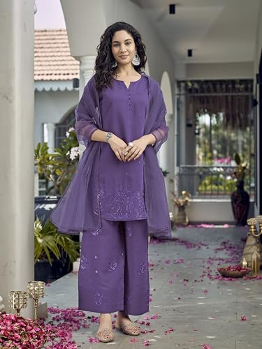 Womanista Womens Silk Blend Solid Regular Curved Kurta with Pant & Dupatta (Kurtaset_1435_Purple