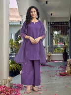 Womanista Womens Silk Blend Solid Regular Curved Kurta with Pant & Dupatta (Kurtaset_1435_Purple