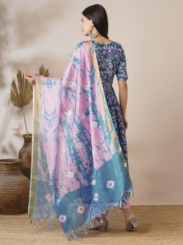 ANNI DESIGNER Womens Cotton Blend Anarkali Printed Kurta with Pant & Dupatta (NINA KEROCIN-VKS01_S_Blue_Small)