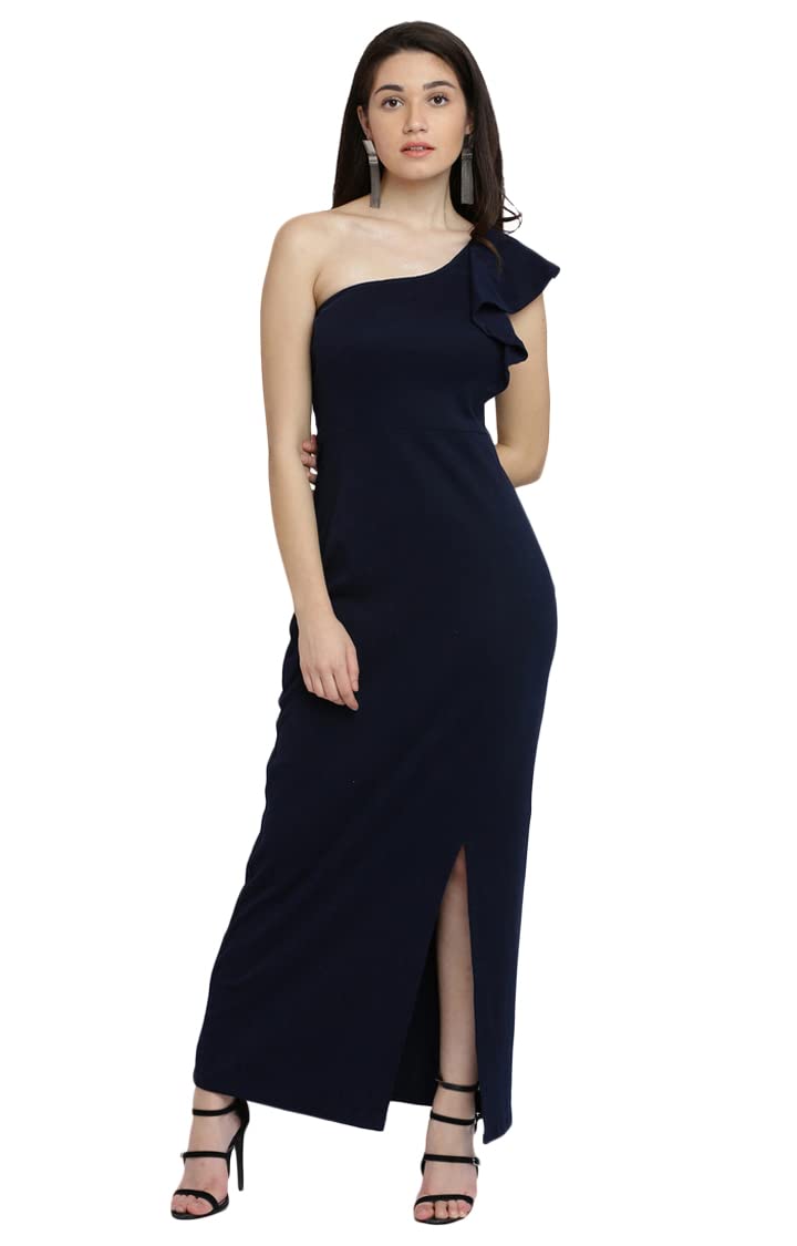 Miss Chase WomenS Designer Navy Blue Solid Slitted One Shoulder Ruffled Maxi Dress With Zip Closure (Mcaw17D10-37-71-06, Navy B