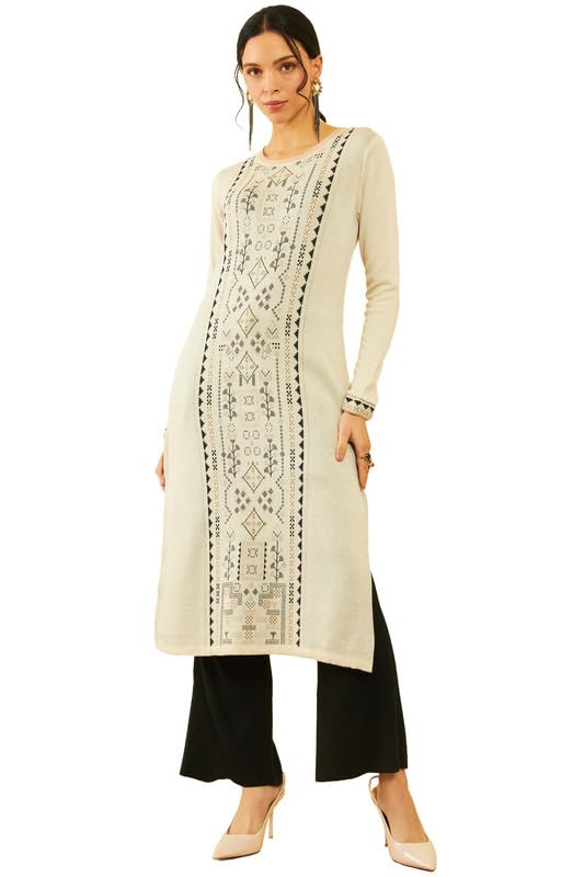 Soch Women Acrylic Geometric Pattern Straight Winter Kurta with Pocket