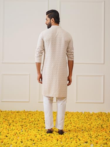 Jompers MenS Beige Sequin Embroidered Pure Cotton Kurta With Pyjamas