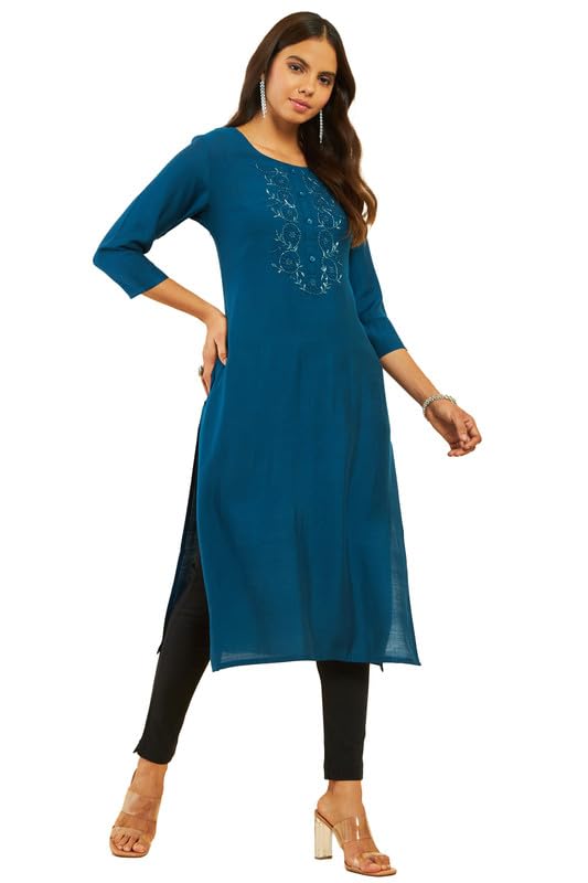 Soch Women Viscose Blend Round-Neck Kurta with Floral Cutdana Work