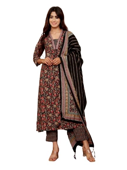 Varanga Women Black Floral Printed Yoke Embroidered Kurta Paired With Bottom And Dupatta