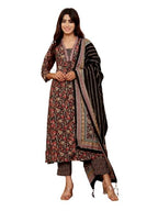Varanga Women Black Floral Printed Yoke Embroidered Kurta Paired With Bottom And Dupatta