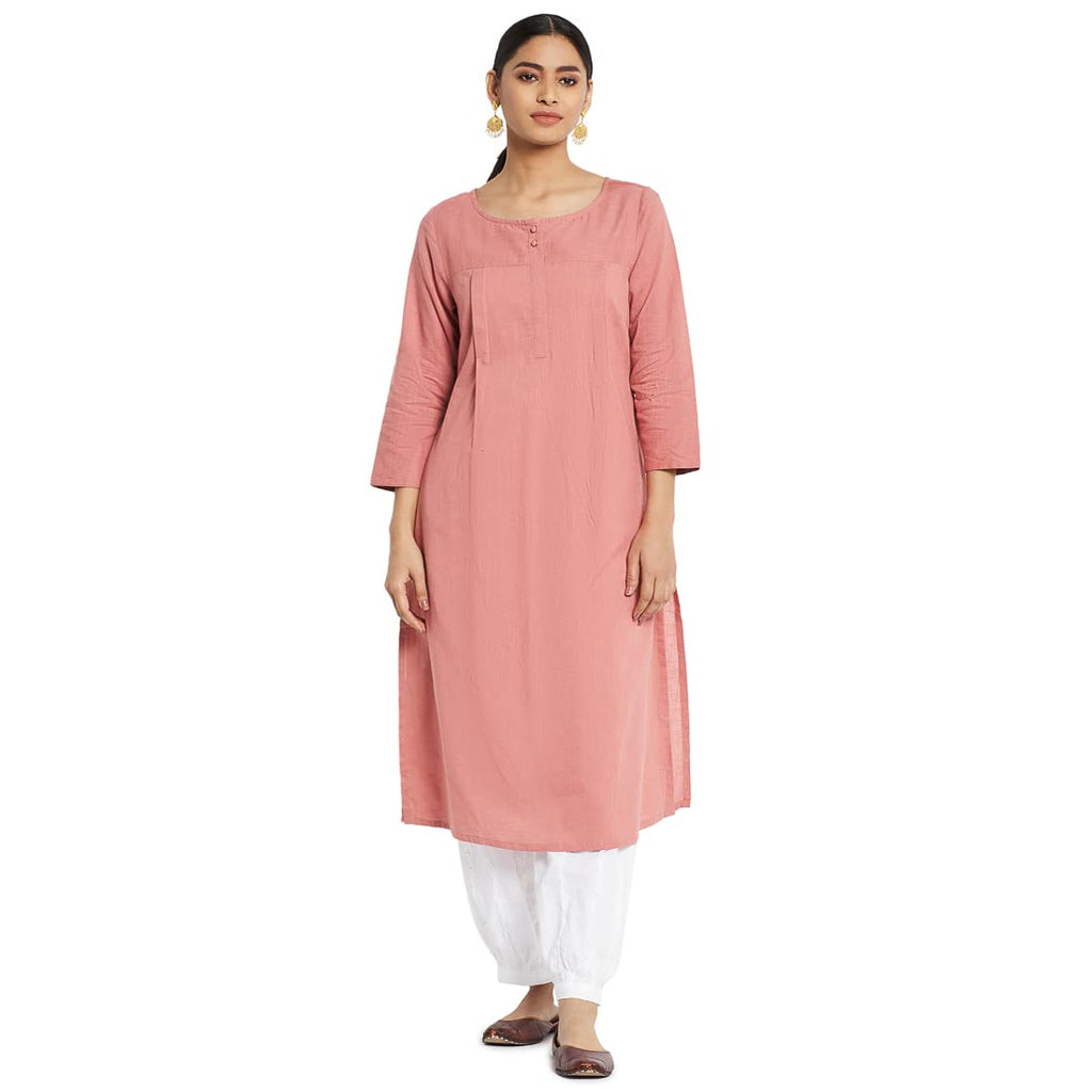 Fabindia Women Neck Woven Cotton Long Kurta Round_Xs Pink