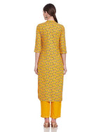 Anubhutee Women'S Yellow Blue Floral Printed Empire Cotton Straight Kurta Suit Set With Pants