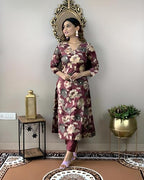 ANNI DESIGNER Womens Cotton Blend Straight Printed Kurta with Pant (DHUN WINE_XXL_Wine_XX-Large)