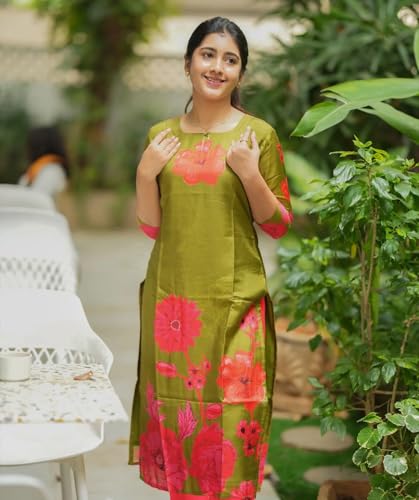 ANNI DESIGNER Womens Rayon Viscose Straight Printed Kurta with Pant (Lilapa Green_S_Green_Small)