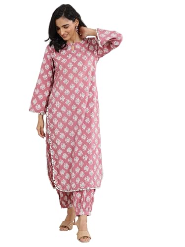 Libas Womens Cotton Peach Block Motif Printed Curved Kurta Set With Salwar, Large