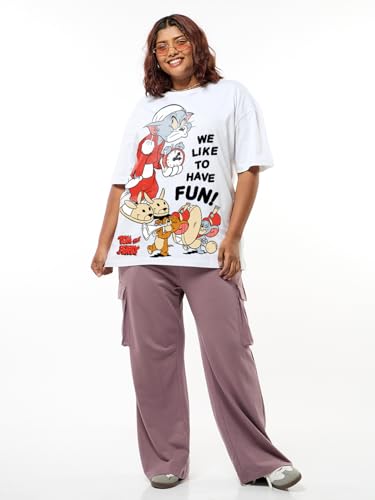 Bewakoof Official Tom & Jerry Merchandise Womens Graphic Printed Oversized Fit Half Sleeve Round Neck Cotton Jersey Plus Size T