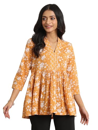 Libas WomenS Cotton Floral Printed Anarkali Kurti (98001O_Mustard_L)