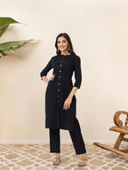 Ishin Black Cotton Schiffli Straight Kurta With Solid Pants