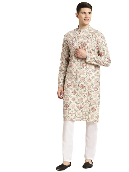 SOJANYA (Since 1958 Mens Cotton Linen Cream & Multi Print Kurta & White Churidar Pyjama Set