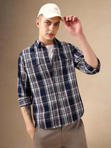 Dennis Lingo Men Navy Blue 100% Cotton Full Sleeve Spread Collar Checks Shirts_Dlmshjas24017_Nv