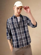 Dennis Lingo Men Navy Blue 100% Cotton Full Sleeve Spread Collar Checks Shirts_Dlmshjas24017_Nv